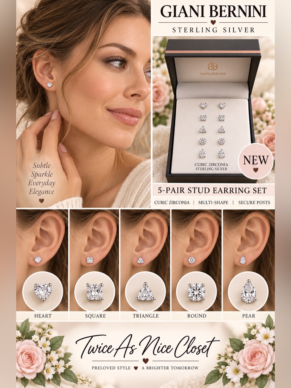 Giani Bernini SS Cubic Zirconia Multi-Shape 5 Earring Sets - Silver NEW
